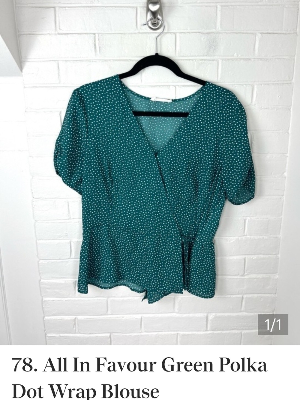 All in Favor Green/White Polka Dot Wrap Blouse- Lg